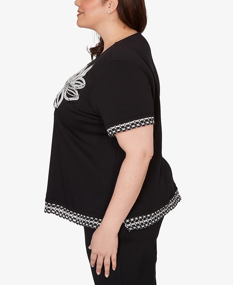 Alfred Dunner Plus Crowd Pleaser Flower Sequin Lace Border Top