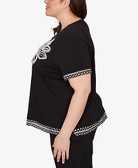 Alfred Dunner Plus Crowd Pleaser Flower Sequin Lace Border Top