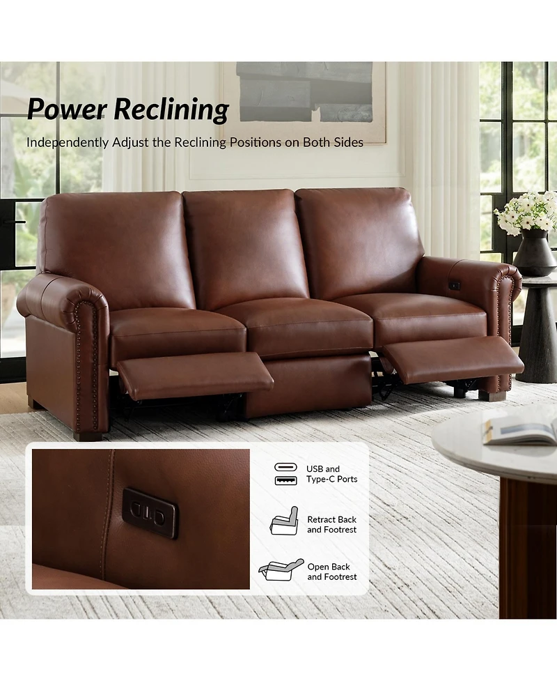 Hulala Home Igon 86.25" Traditional Down-Filled Genuine Leather Power Reclining Sofa.