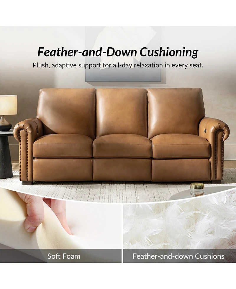 Hulala Home Igon 86.25" Traditional Down-Filled Genuine Leather Power Reclining Sofa.