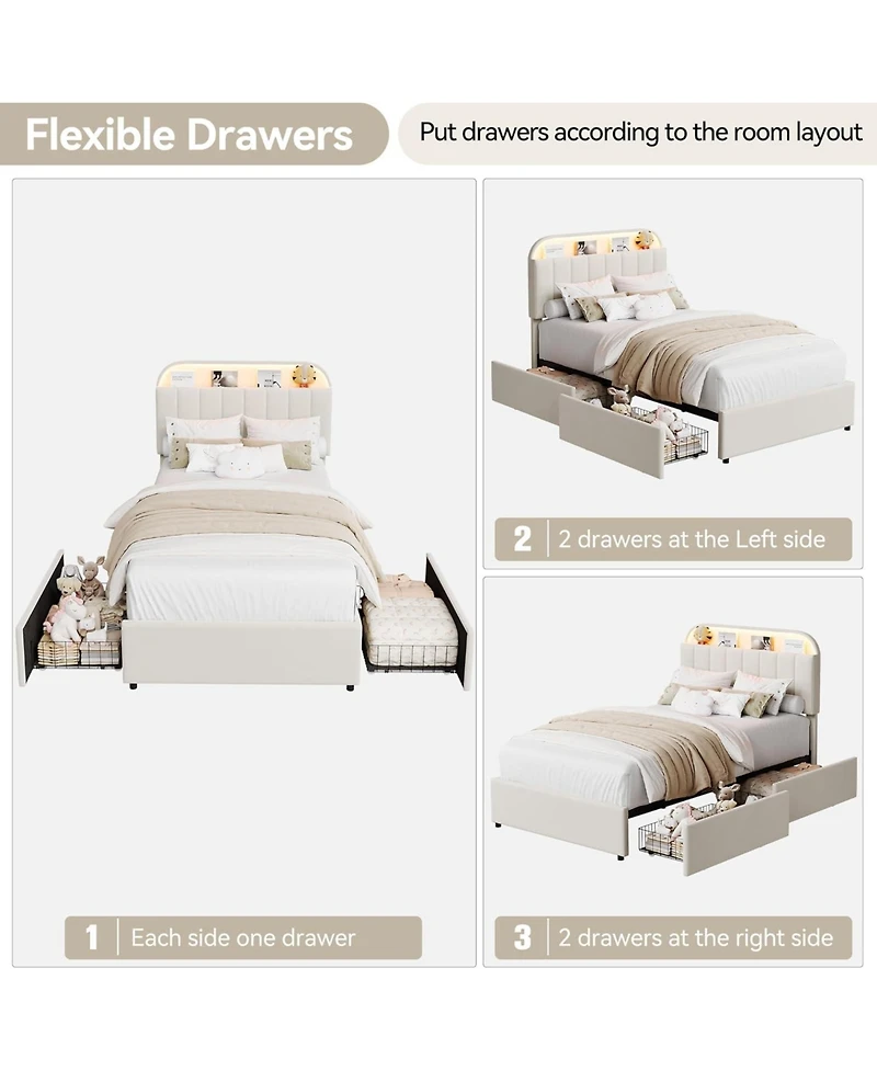 gaomon Bed Frame with 2 Flexible Drawers, Upholstered Platform Bookcase Headboard and Led Lights