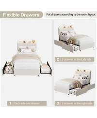 gaomon Bed Frame with 2 Flexible Drawers, Upholstered Platform Bookcase Headboard and Led Lights