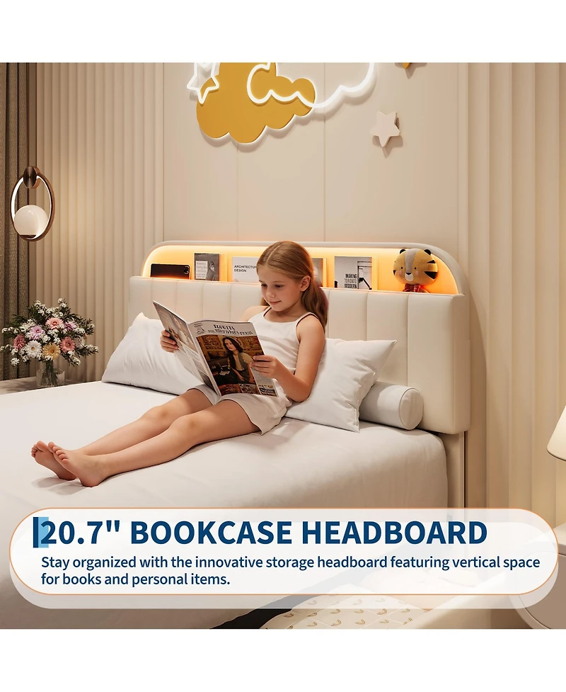 homfan Bed Frame with 2 Flexible Drawers, Velvet Upholstered Platform Bookcase Headboard and Led Lights, Easy Assembly, Noise Free