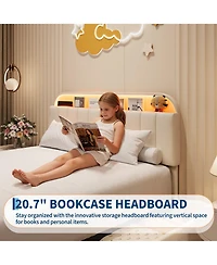 homfan Bed Frame with 2 Flexible Drawers, Velvet Upholstered Platform Bookcase Headboard and Led Lights, Easy Assembly, Noise Free