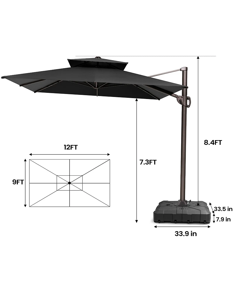 Pellebant Outdoor Patio Double Top 9X12Feet Aluminum Cantilever Umbrella With Wheel Base