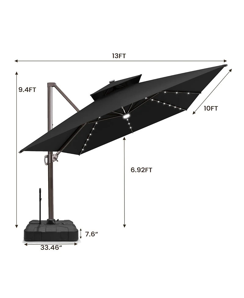 Pellebant Outdoor Patio 10X13Feet Aluminum Double Canopy Solar Lights Cantilever Umbrella with Rod Wheel Base