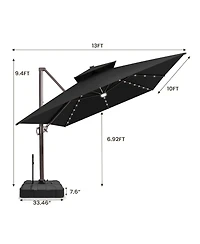 Pellebant Outdoor Patio 10X13Feet Aluminum Double Canopy Solar Lights Cantilever Umbrella with Rod Wheel Base