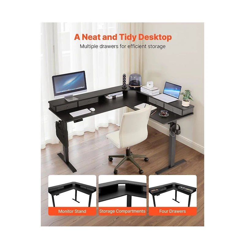 Sugift L Shaped Electric Corner Gaming Desk with 4 Drawers and Power Strip