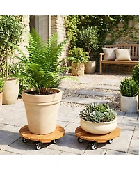 Sugift Heavy Duty Acacia Wood Rolling Plant Stand with 360degree(s) Lockable Casters 2-Piece Set