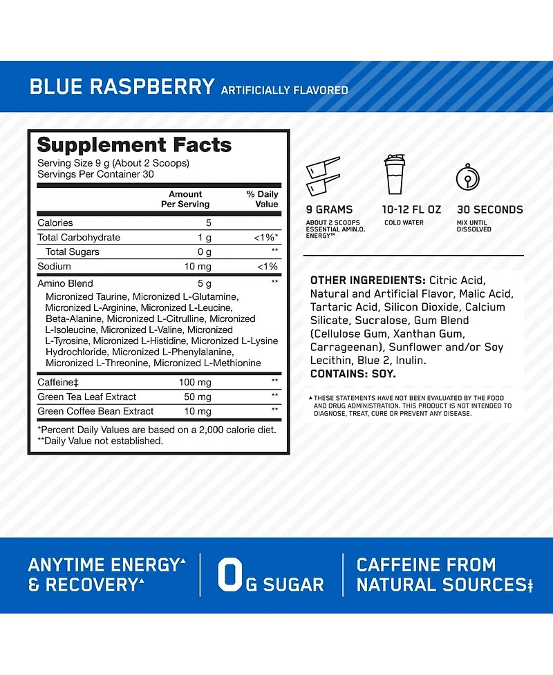 Optimum Nutrition Amino Energy, Pre Workout with Tea, Bcaa, Amino Acids, and Coffee Extract, Raspberry, 30 Servings