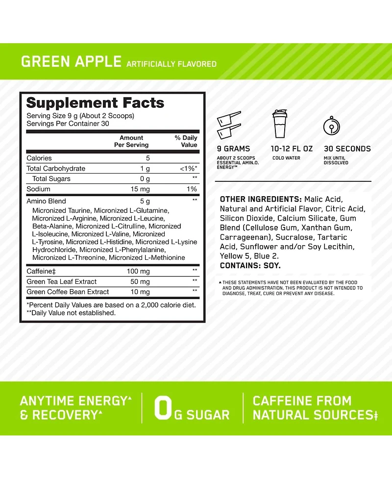 Optimum Nutrition Amino Energy, Pre Workout with Tea, Bcaa, Amino Acids, Keto Friendly, Coffee Extract, Apple, 30 Servings