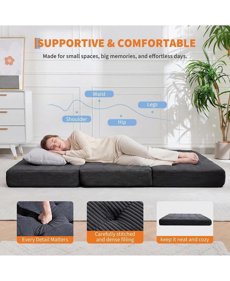 homfan 6" Tri-Fold Mattress 75" x 54.3", Corduroy Sofa Bed & Guest Floor Mattress, Portable Foam for Camping, Bedroom Living Room