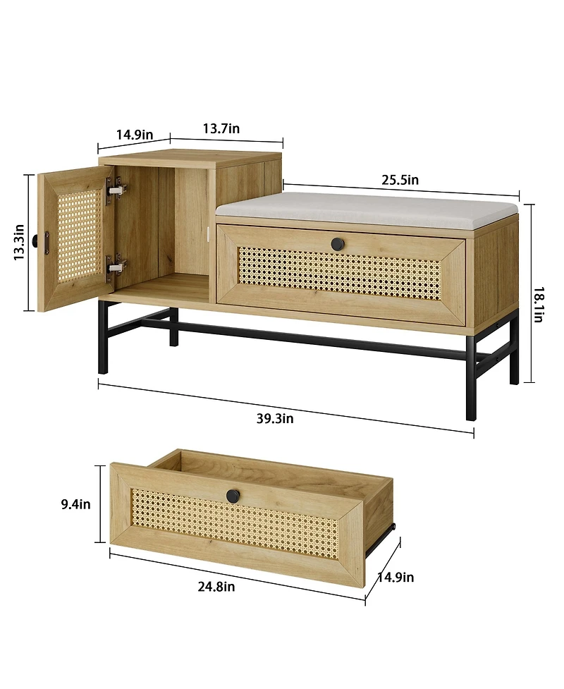 Farmhouse Shoe Bench, 39 Inch Wood Storage Bench with Rattan Cabinet and Drawer, Cushioned Entryway Seating for Hallway