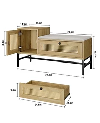 Farmhouse Shoe Bench, 39 Inch Wood Storage Bench with Rattan Cabinet and Drawer, Cushioned Entryway Seating for Hallway