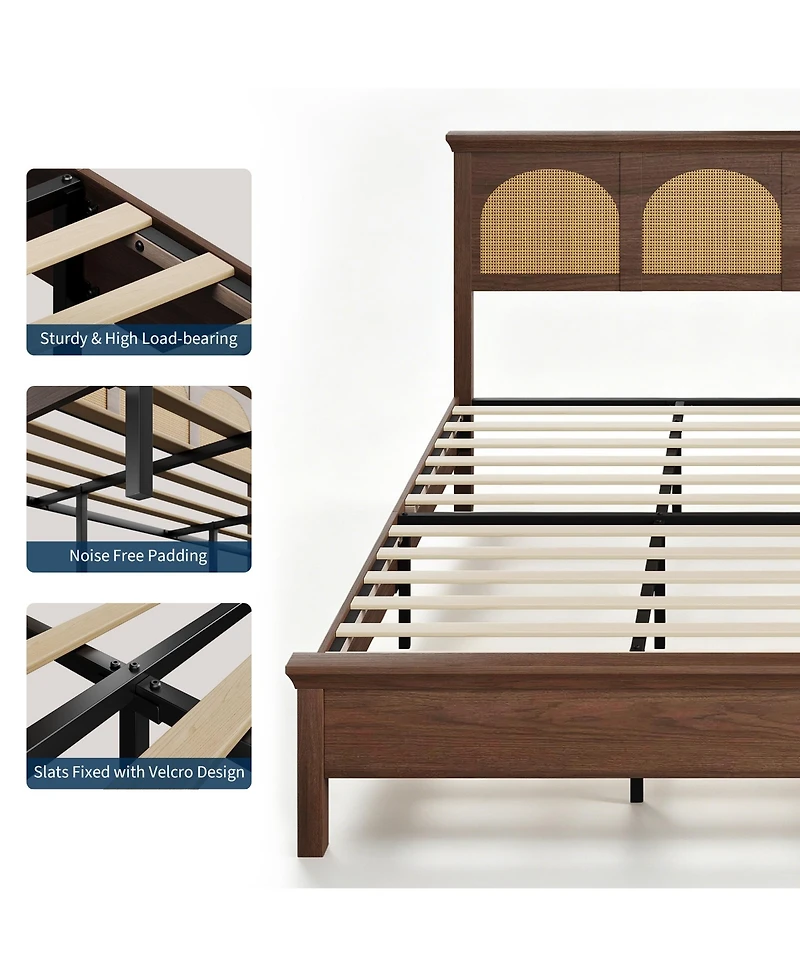 homfan Bed Frame with Rattan Headboard, Wooden Platform Bed with Storage Shelf and Under Bed Storage for Bedroom