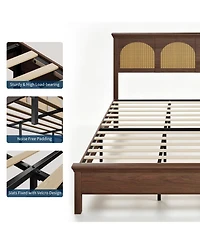 homfan Bed Frame with Rattan Headboard, Wooden Platform Bed with Storage Shelf and Under Bed Storage for Bedroom