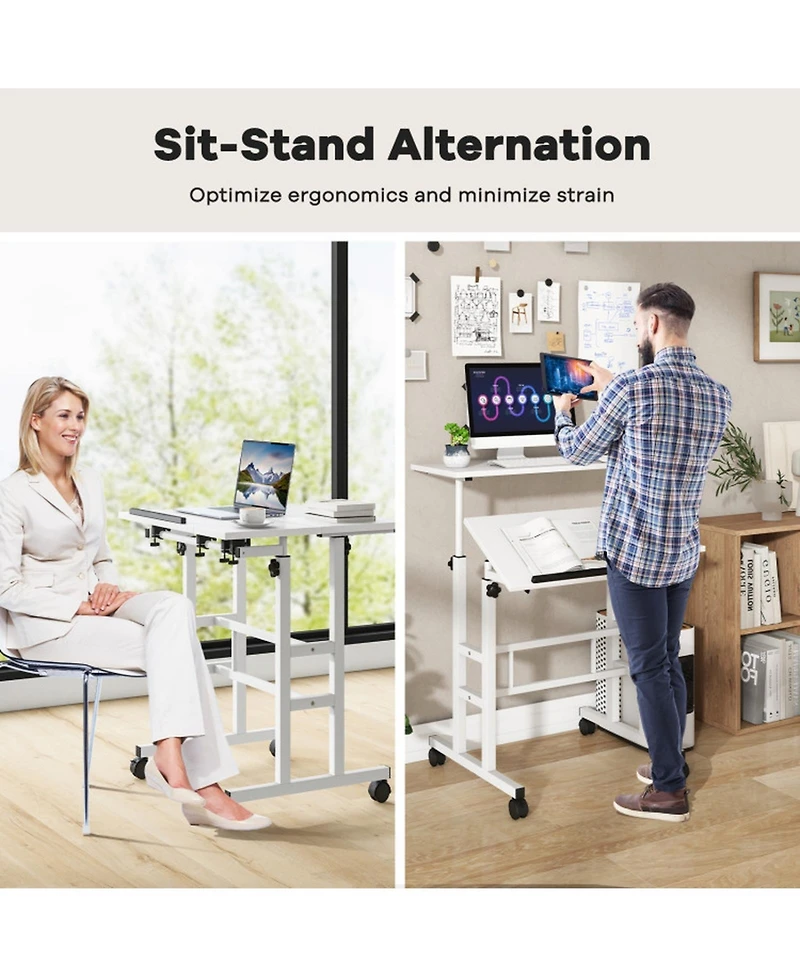 Gouun Mobile Standing Desk with 2 Tilting Desktops and Lockable Wheels