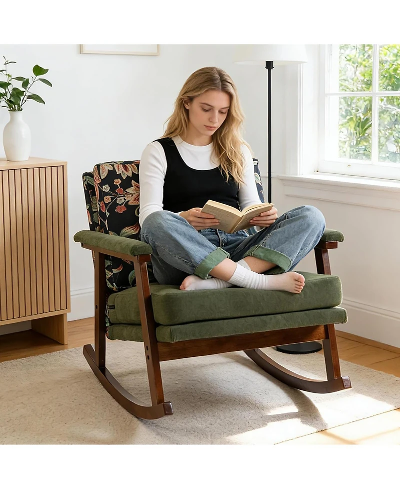 Rainsken Rocking Accent Chair, Upholstered Chair with Solid Rubberwood Frame, Cozy Reading for Small Spaces, Living Room/Bedroom