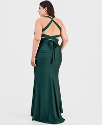 B Darlin Trendy Plus Shiny Knit Ruched Back-Tie Gown