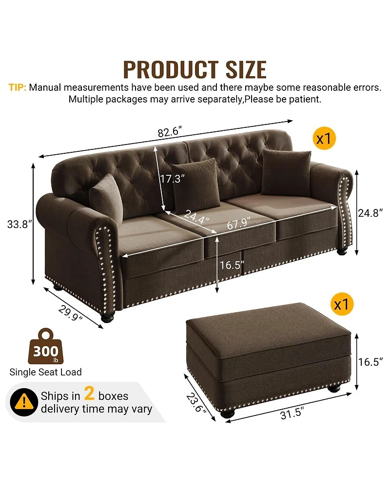 Maison Boucle 82.6'' Velvet Sofa and Ottoman, Chesterfield Nailhead, 3 Pillows