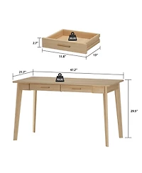 Homsee Writing Desk with 2 Slim Drawers - Large Office Rubber Wood Legs Modern Mdf Study Table Easy Assembly