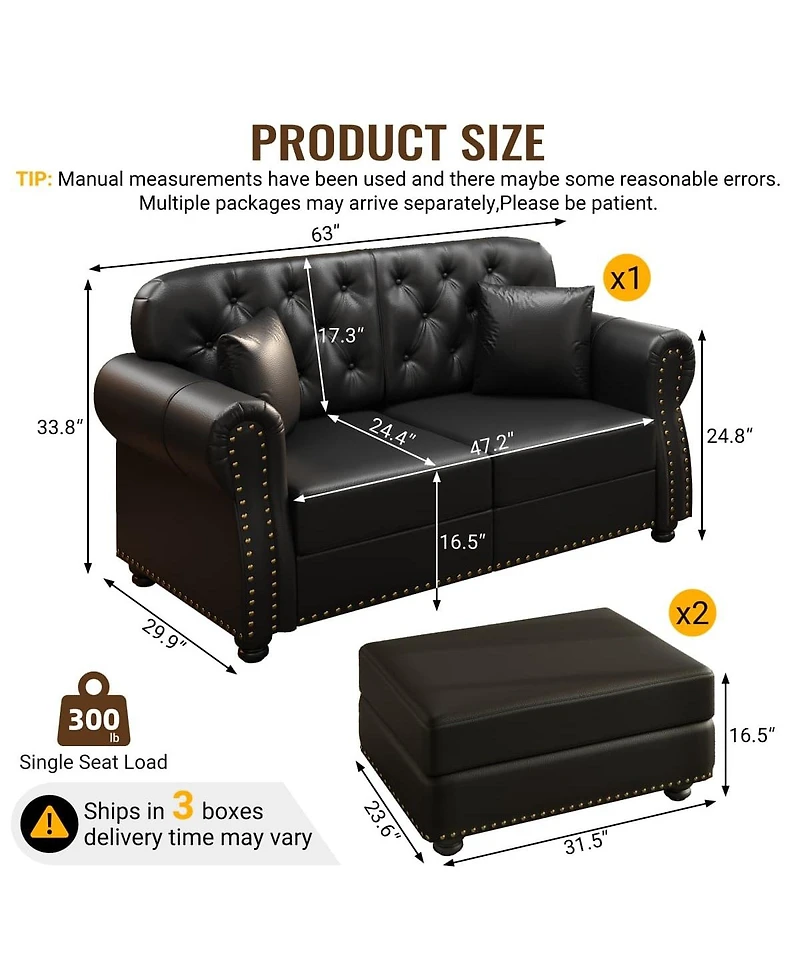 Maison Boucle 63'' Faux Leather Loveseat Set with 2 Ottomans, Nailhead Tufted