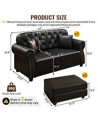 Maison Boucle 63'' Faux Leather Loveseat Set with 2 Ottomans, Nailhead Tufted