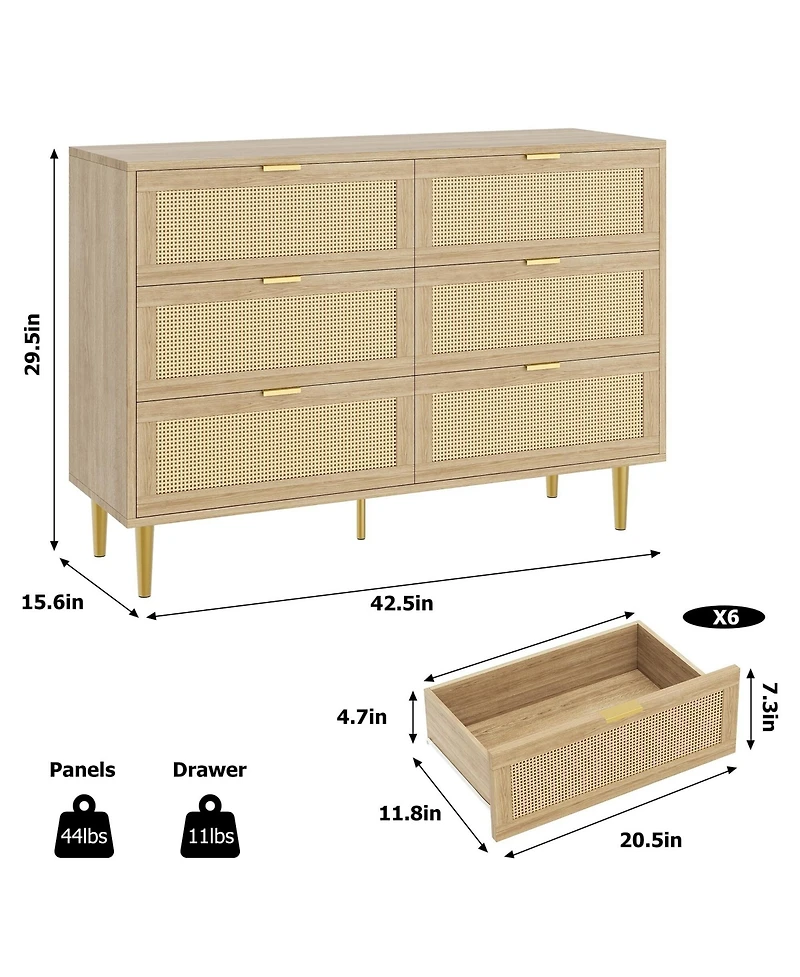gaomon Natural Rattan 6 Drawer Dresser for Bedroom, Chest of Drawers with Legs and Handles