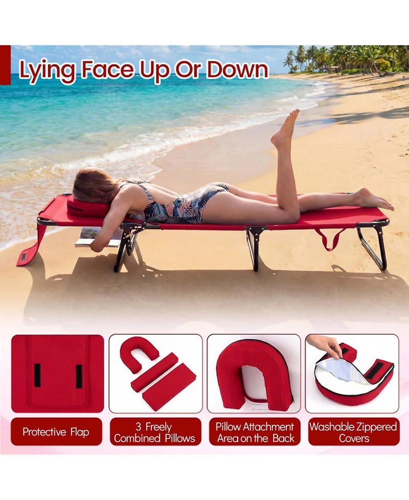 Gouun Folding Face-Down Tanning Chair with Face Hole and 3 Pillows