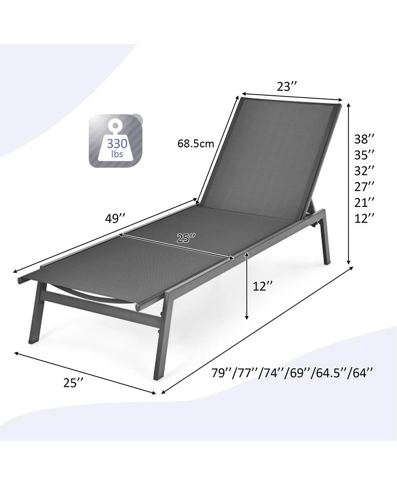 Gouun Outdoor Reclining Chaise Lounge Chair with 6-Position Adjustable Back