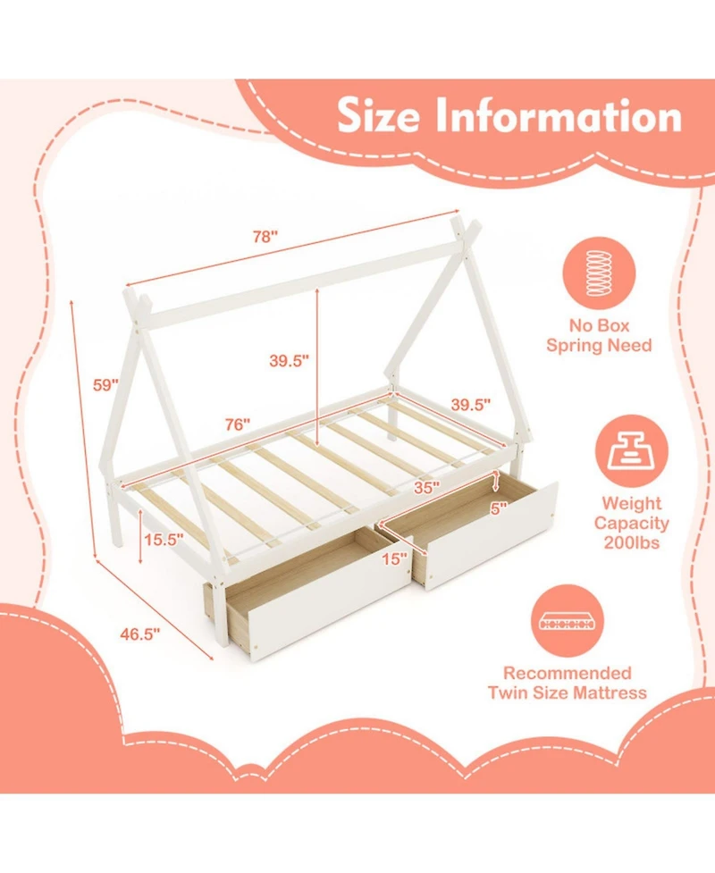 Gouun Twin Wooden House Bed Platform Frame 2 Storage Drawers Kids