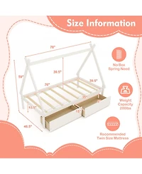 Gouun Twin Wooden House Bed Platform Frame 2 Storage Drawers Kids
