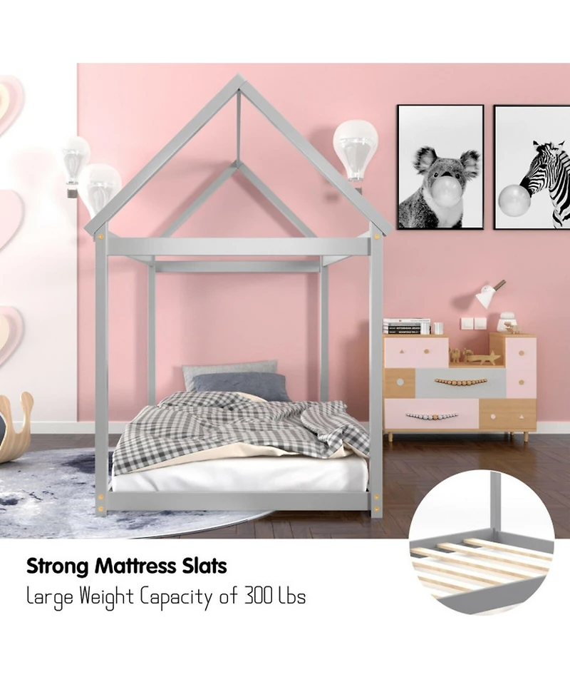 Gouun Twin Kids House Bed with Roof and Reinforced Slats