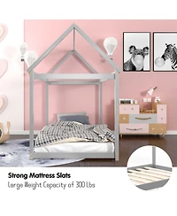 Gouun Twin Kids House Bed with Roof and Reinforced Slats