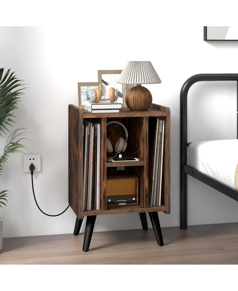 Gouun Record Player Stand with Vinyl Storage and Charging Station