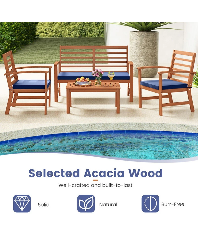 Gouun 4-Piece Acacia Wood Outdoor Conversation Set with Cushions