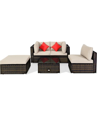 Gouun 5-Piece Modular Patio Sectional Set with Cushions and Glass Table