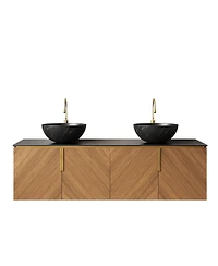 Sillysis 60 Inch Double Sink Bathroom Vanity, Sintered Stone Top, Double Ceramic Vessel Sink, Soft Close Large Storage