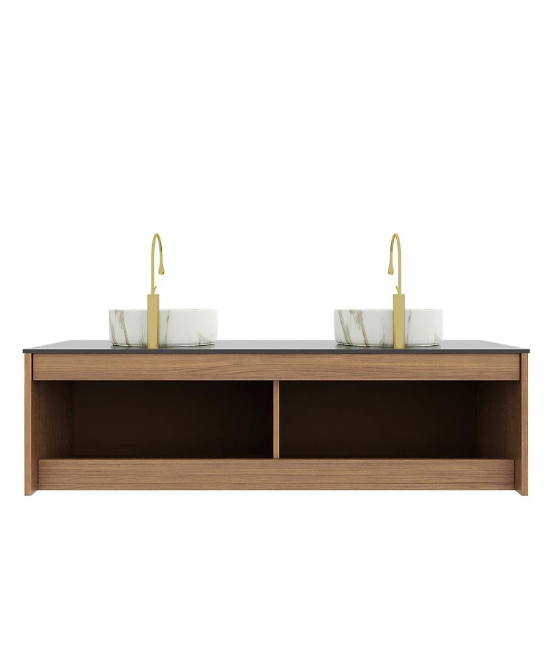 Sillysis 60 Inch Double Sink Bathroom Vanity, Sintered Stone Top, Double Ceramic Vessel Sink