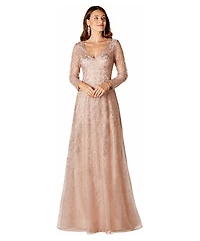 Lara Women's Long Sleeve V-Neck Lace Gown