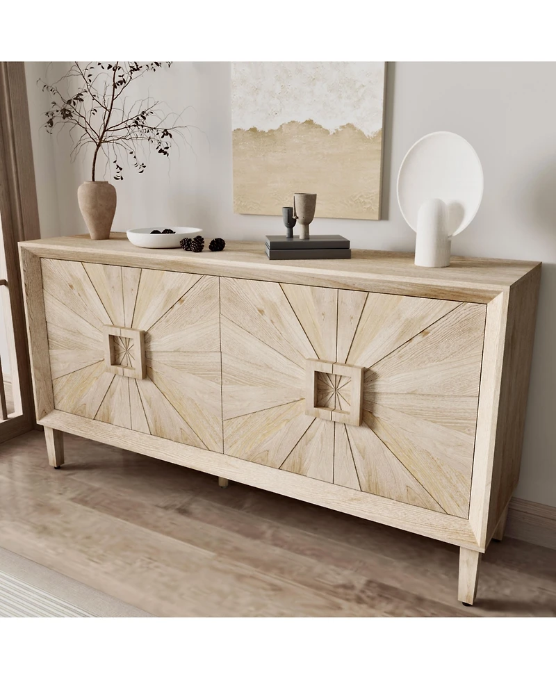 Clihome 60'' Premium Rustic American Farmhouse Credenza - Symmetrical Sunburst Door Design, Heavy-Duty Antique Wood Tv Stand with Adjustable Shelves