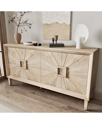 Clihome 60'' Premium Rustic American Farmhouse Credenza - Symmetrical Sunburst Door Design, Heavy-Duty Antique Wood Tv Stand with Adjustable Shelves