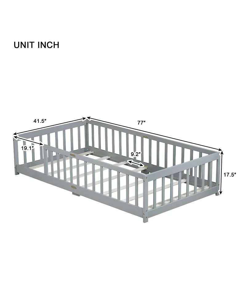 Sailvan Twin Floor Bed with Fence,Solid Rubber Wood Kids Frame