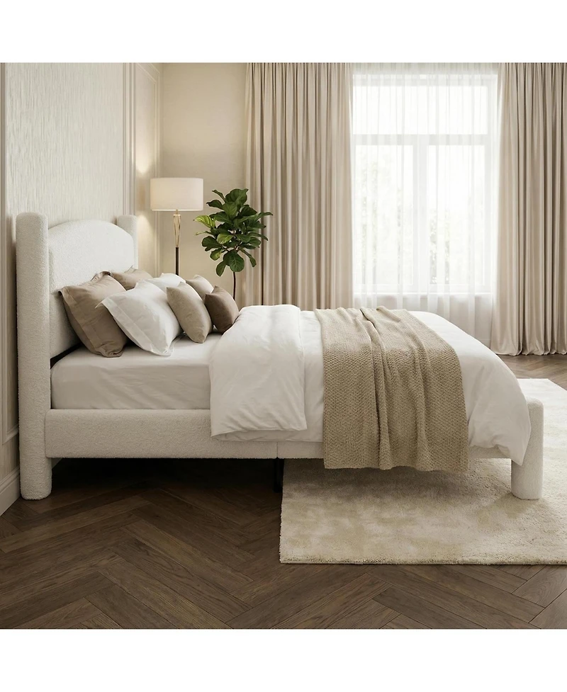 gaomon Boucle Bed Frame, Upholstered Platform Cloud with Soft Round Headboard and Cylindrical Legs, Noise Free Heavy Duty
