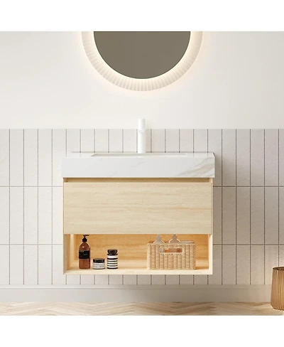 Sillysis 30 Inch Wall Mounted Bathroom Vanity with Led Shelf, Sintered Stone Top, Ceramic Sink, Soft Close Drawer for Modern Bathrooms