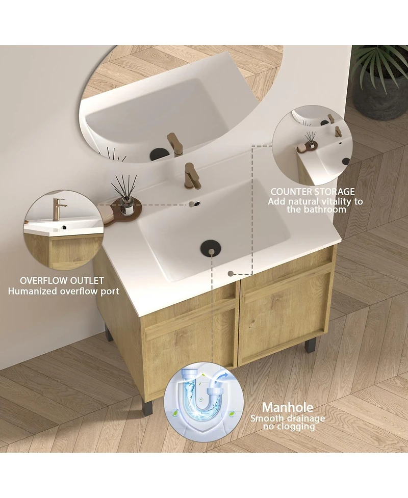 Sillysis 30 Inch Freestanding Bathroom Vanity with Ceramic Sink, 3D Texture Panels, Modern Mdf Cabinet for Small Spaces