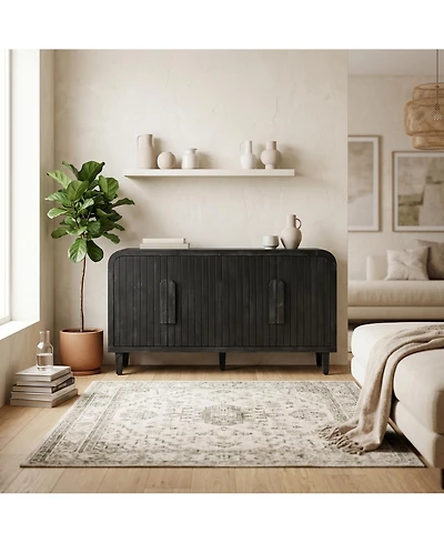Clihome 59'' Farmhouse Curved Vintage Storage Sideboard with Large Wooden Handles, Vertical Wood Grain Carving and Adjustable Shelves