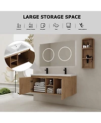 Sillysis 48 Inch Wall Mounted Double Sink Bathroom Vanity with Storage Rack, Soft Close Doors, Open Shelves, Modern Floating Cabinet