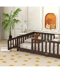 Sailvan Twin Floor Bed with Fence and Door, Solid Rubber Wood Kids Platform Frame