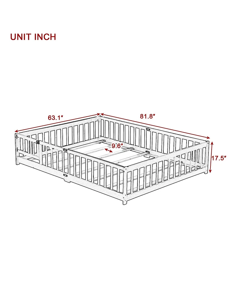 Sailvan Queen Floor Bed with Fence and Door, Solid Wood Kids Platform Frame